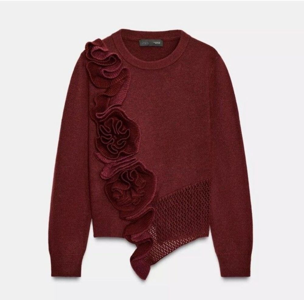 Zara Women Sweater XL Red Floral Applique Asymmetric Pullover Jumper 9874/110